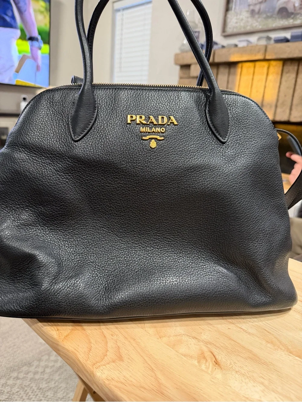 Prada Black Pebbled Leather Satchel with Gold Logo